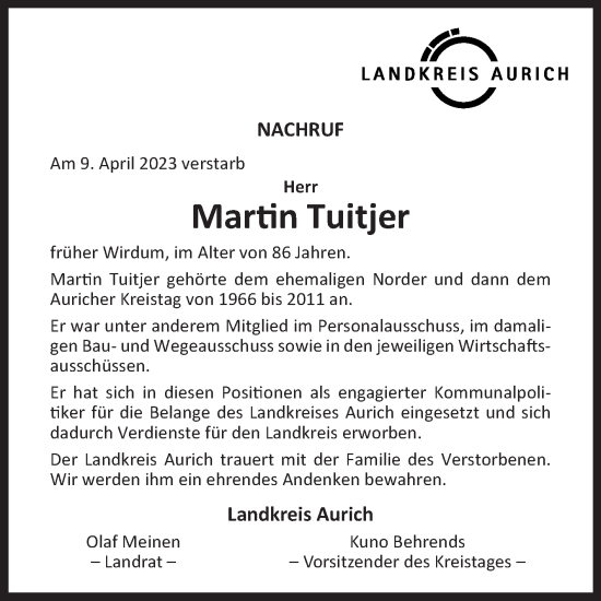 Traueranzeige von Martin Tuitjer 