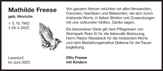 Traueranzeige von Mathilde Freese 