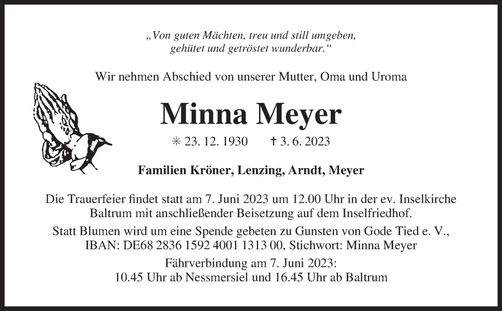  Traueranzeige für Minna Meyer vom 06.06.2023 aus 