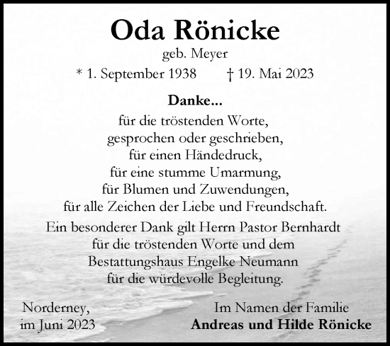 Traueranzeige von Oda Rönicke 