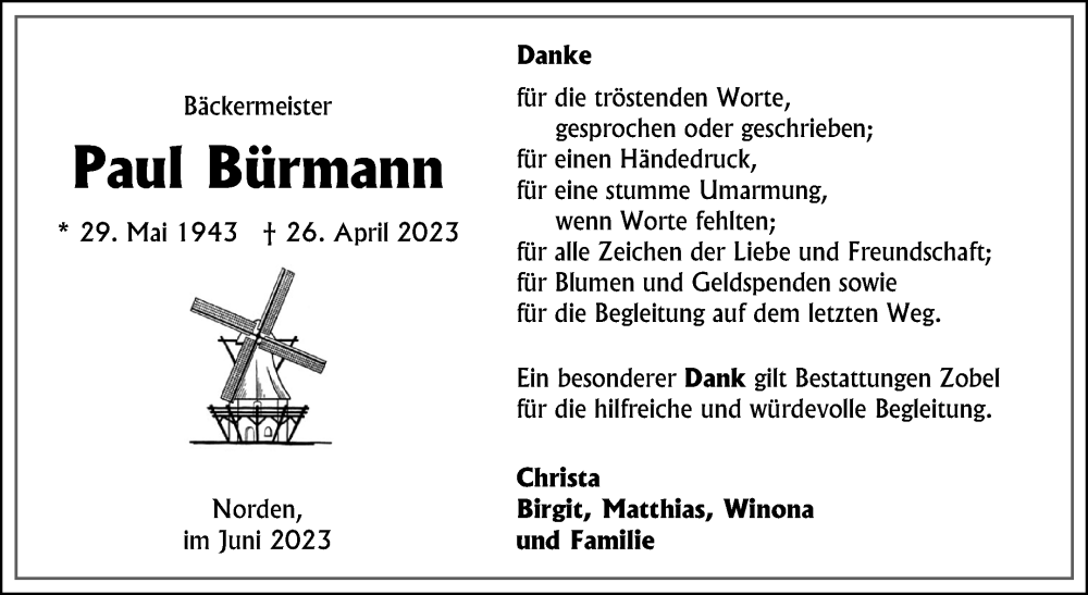  Traueranzeige für Paul Bürmann vom 03.06.2023 aus 