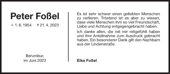 Traueranzeige von Peter Foßel 