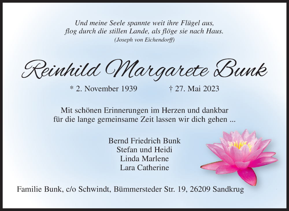  Traueranzeige für Reinhild Margarete Bunk vom 24.06.2023 aus Ostfriesischer Kurier