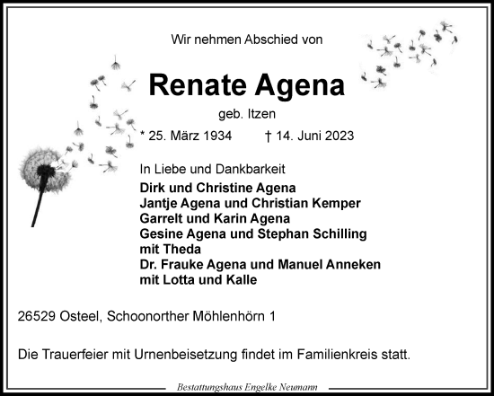 Traueranzeige von Renate Agena 