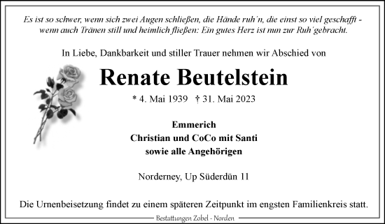 Traueranzeige von Renate Beutelstein 