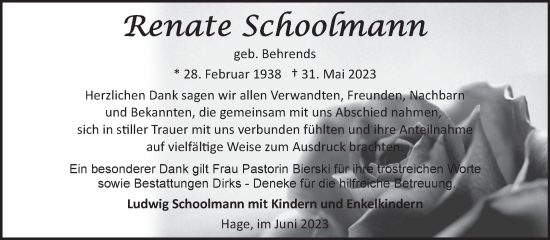 Traueranzeige von Renate Schoolmann von Ostfriesischer Kurier
