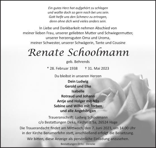 Traueranzeige von Renate Schoolmann 