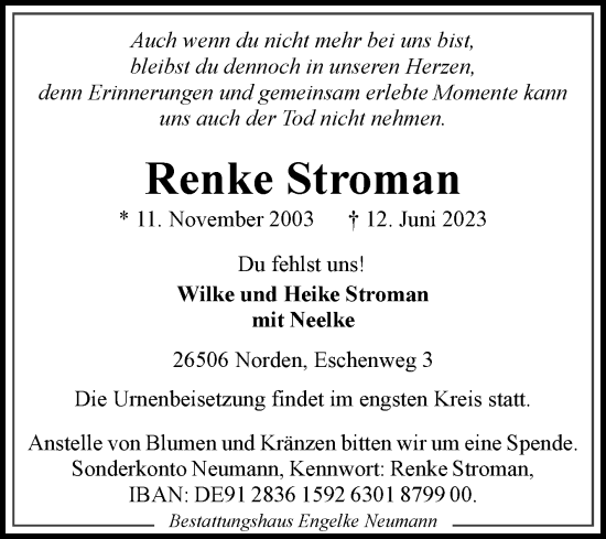 Traueranzeige von Renke Stroman 
