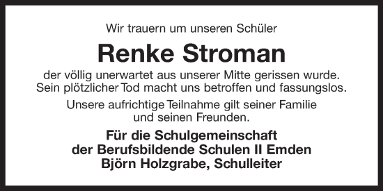 Traueranzeige von Renke Stroman von Ostfriesischer Kurier