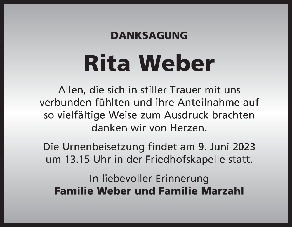  Traueranzeige für Rita Weber vom 05.06.2023 aus 