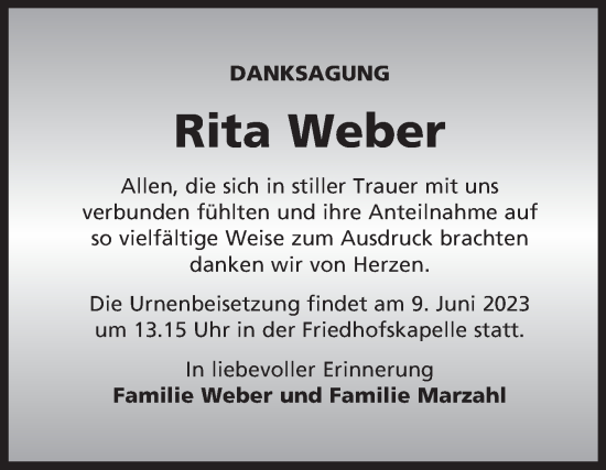 Traueranzeige von Rita Weber 