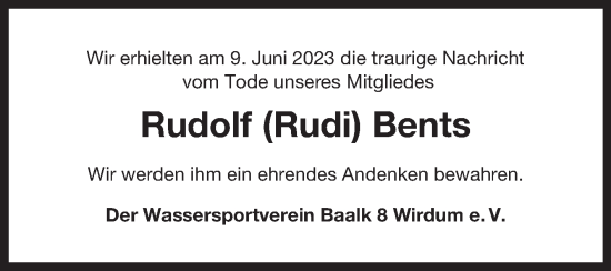 Traueranzeige von Rudolf Bents 