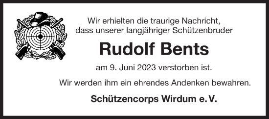 Traueranzeige von Rudolf Bents 