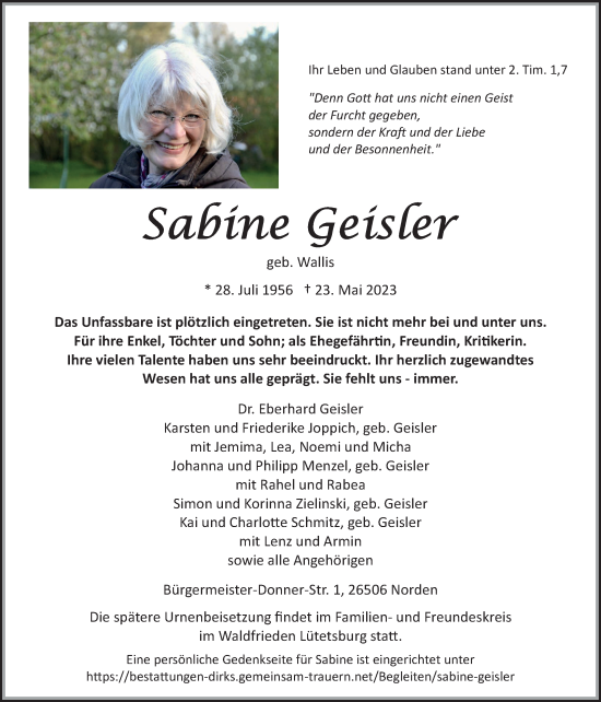 Traueranzeige von Sabine Geisler 