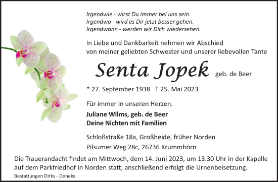 Traueranzeige von Senta Jopek 