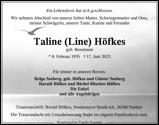 Traueranzeige von Taline Höfkes 