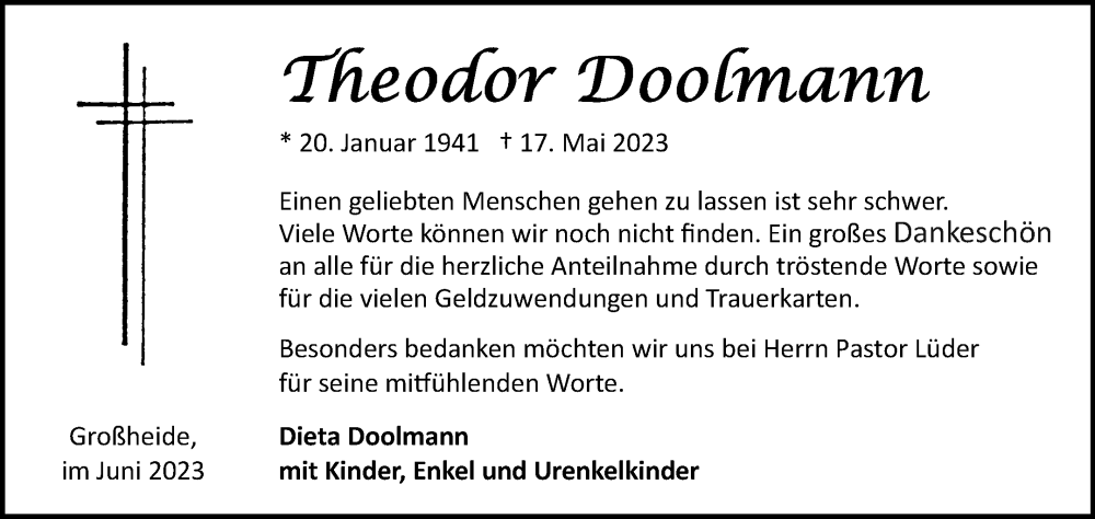  Traueranzeige für Theodor Doolmann vom 24.06.2023 aus Ostfriesischer Kurier