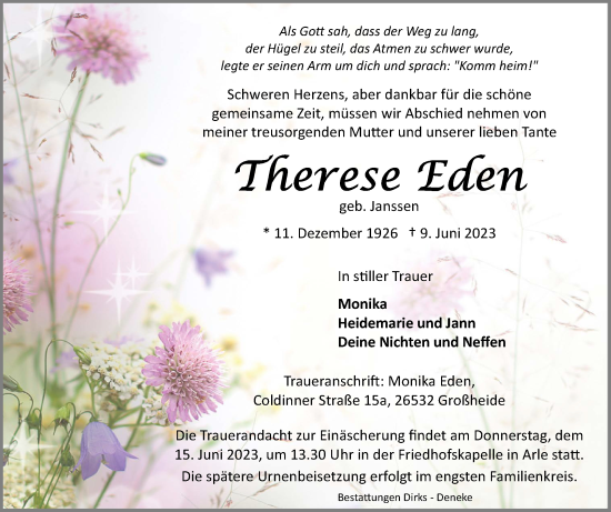Traueranzeige von Therese Eden 