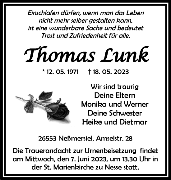 Traueranzeige von Thomas Lunk 
