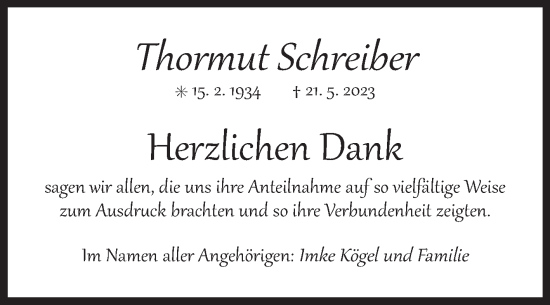 Traueranzeige von Thormut Schreiber von Ostfriesischer Kurier