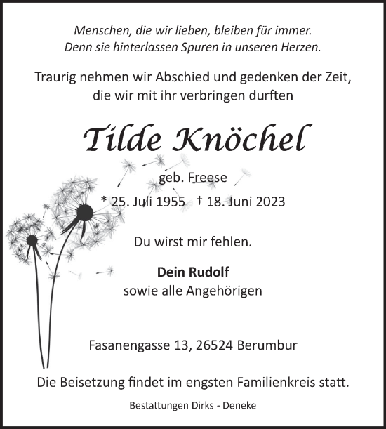 Traueranzeige von Tilde Knöchel von Ostfriesischer Kurier