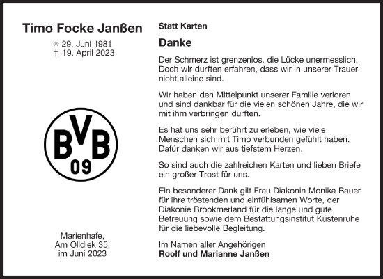 Traueranzeige von Timo  Focke Janßen  