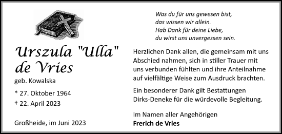 Traueranzeige von Urszula de Vries 