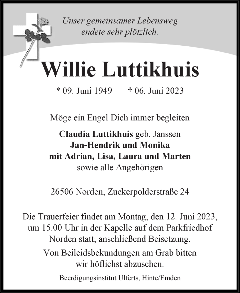  Traueranzeige für Willie Luttikhuis vom 09.06.2023 aus 
