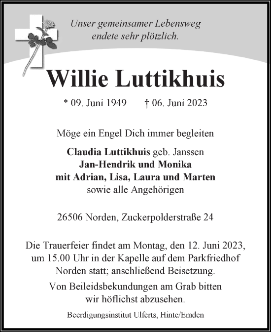 Traueranzeige von Willie Luttikhuis 