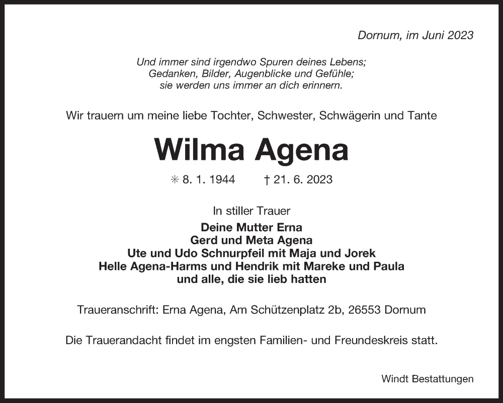  Traueranzeige für Wilma Agena vom 24.06.2023 aus Ostfriesischer Kurier