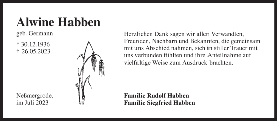 Traueranzeige von Alwine Habben von Ostfriesischer Kurier