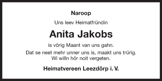 Traueranzeige von Anita Jakobs von Ostfriesischer Kurier