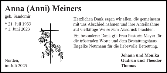 Traueranzeige von Anna  Meiners von Ostfriesischer Kurier