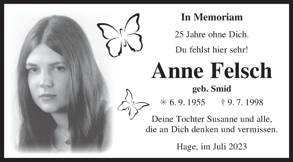  Traueranzeige für Anne Felsch vom 29.07.2023 aus Ostfriesischer Kurier