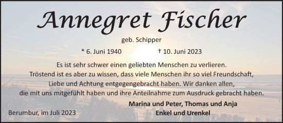Traueranzeige von Annegret Fischer von Ostfriesischer Kurier