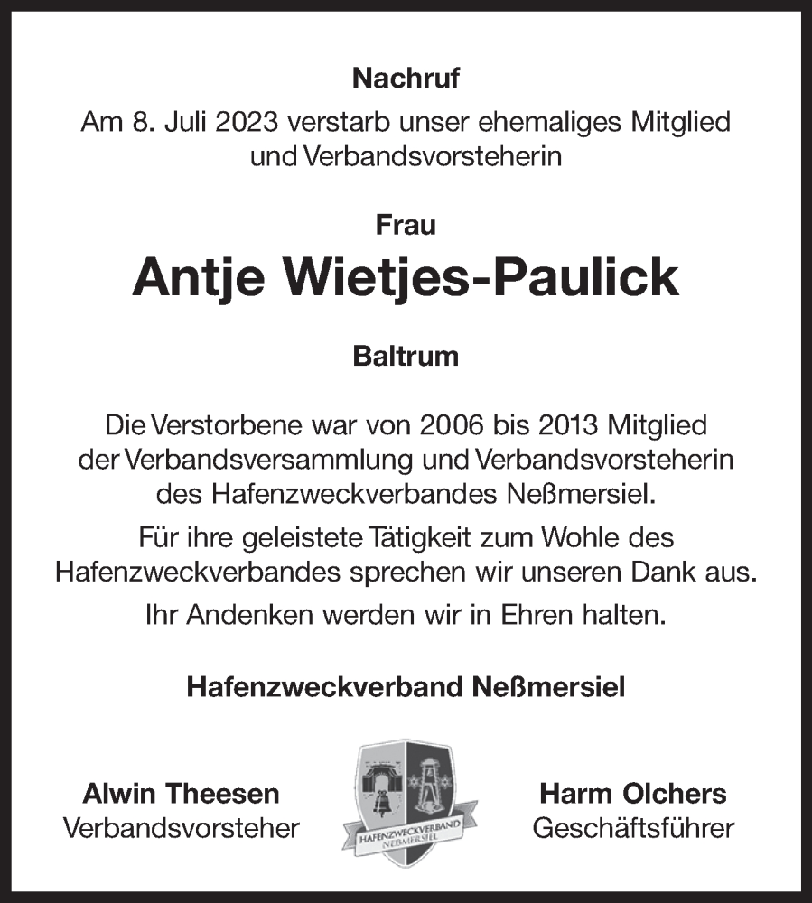  Traueranzeige für Antje Wietjes-Paulick vom 12.07.2023 aus Ostfriesischer Kurier