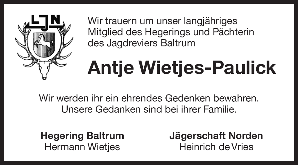  Traueranzeige für Antje Wietjes-Paulick vom 13.07.2023 aus Ostfriesischer Kurier