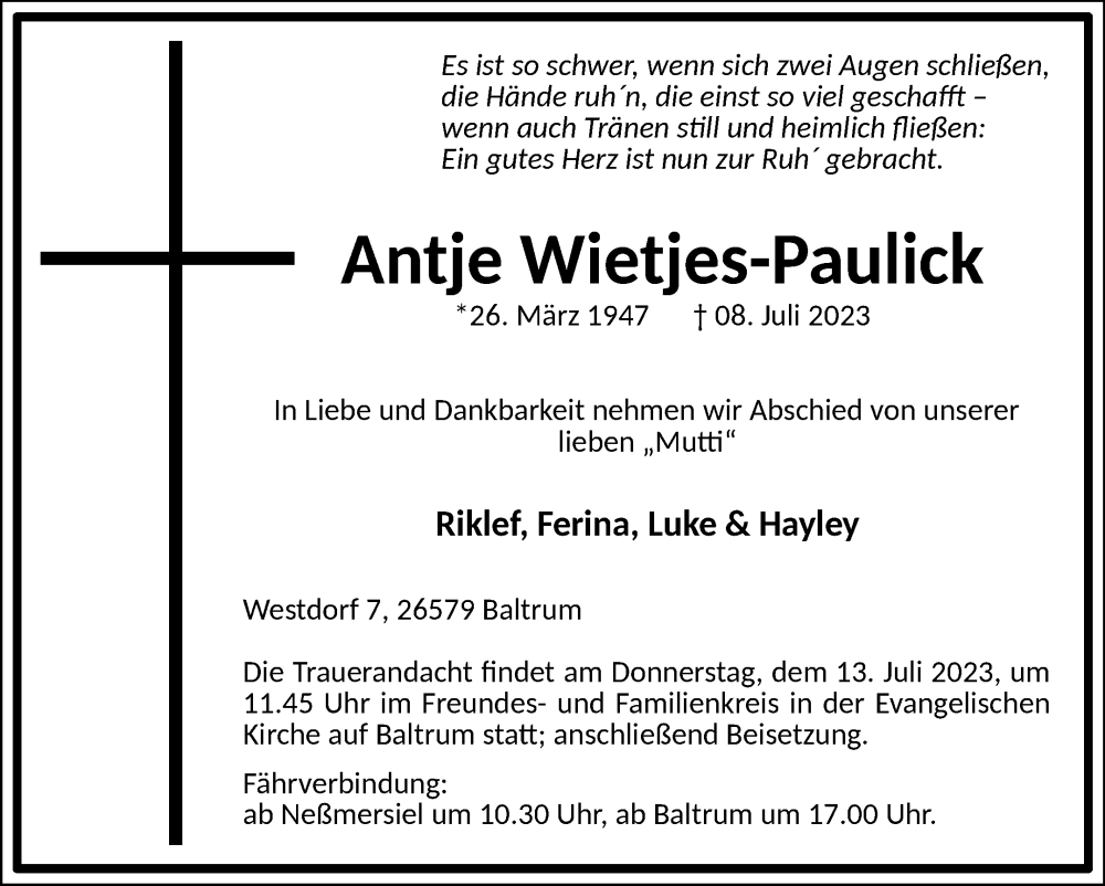  Traueranzeige für Antje Wietjes-Paulick vom 11.07.2023 aus Ostfriesischer Kurier
