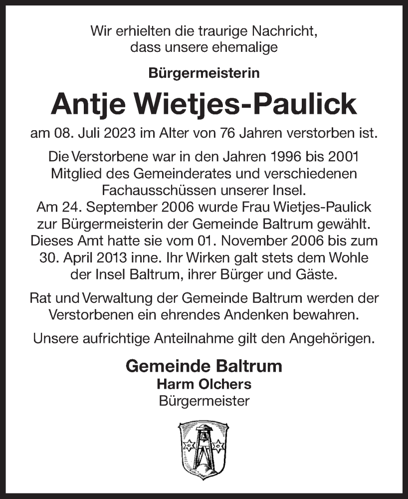  Traueranzeige für Antje Wietjes-Paulick vom 12.07.2023 aus Ostfriesischer Kurier