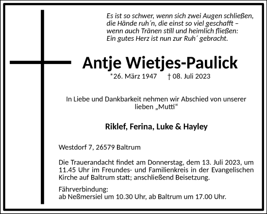 Traueranzeige von Antje Wietjes-Paulick von Ostfriesischer Kurier