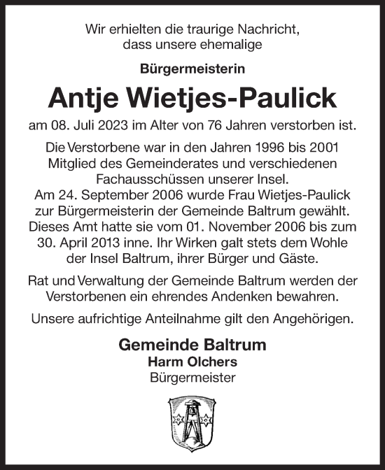 Traueranzeige von Antje Wietjes-Paulick von Ostfriesischer Kurier