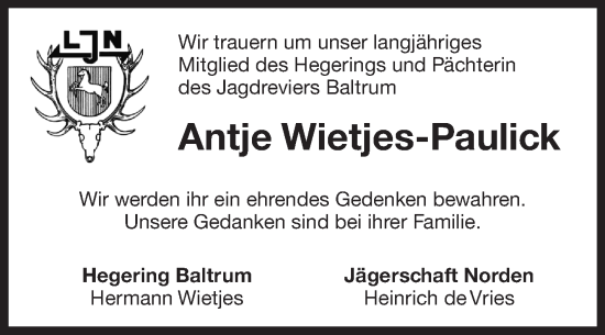 Traueranzeige von Antje Wietjes-Paulick von Ostfriesischer Kurier