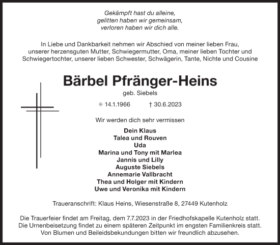 Traueranzeige von Bärbel Pfränger-Heins von Ostfriesischer Kurier