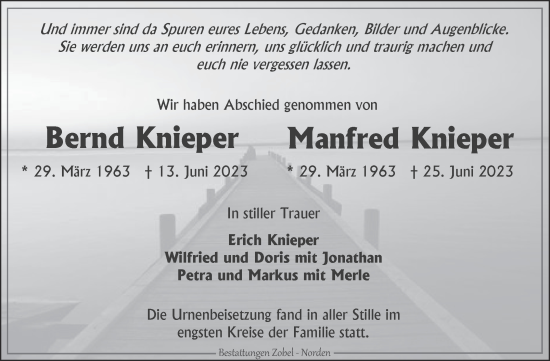 Traueranzeige von Bernd und Manfred Knieper von Ostfriesischer Kurier