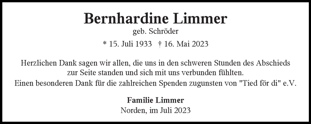  Traueranzeige für Bernhardine Limmer vom 01.07.2023 aus Ostfriesischer Kurier