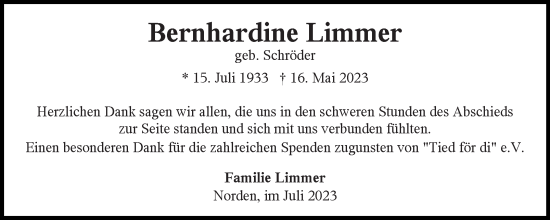 Traueranzeige von Bernhardine Limmer von Ostfriesischer Kurier