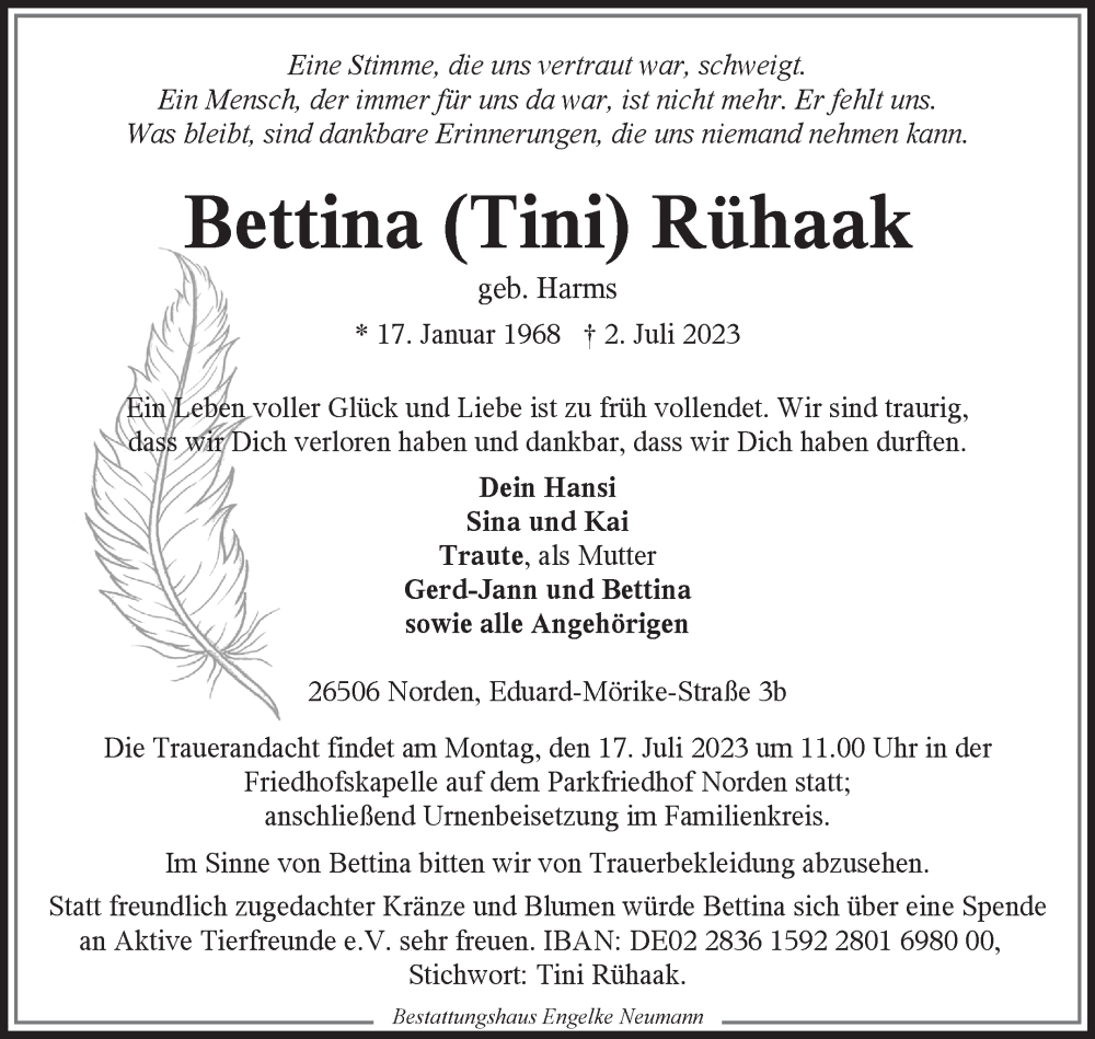  Traueranzeige für Bettina Rühaak vom 08.07.2023 aus Ostfriesischer Kurier