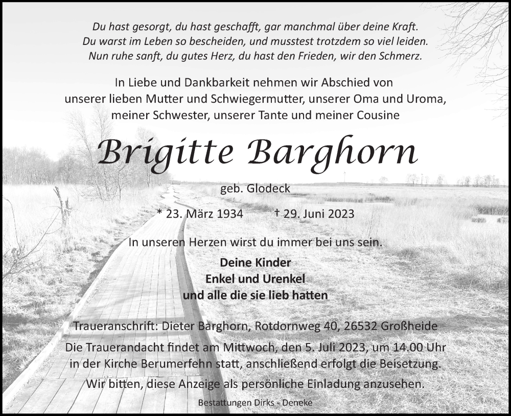  Traueranzeige für Brigitte Barghorn vom 03.07.2023 aus Ostfriesischer Kurier
