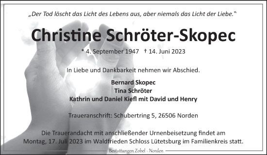 Traueranzeige von Christine Schröter-Skopec von Ostfriesischer Kurier