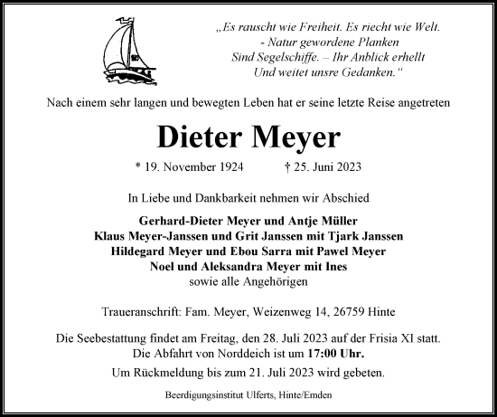 Traueranzeige von Dieter Meyer von Ostfriesischer Kurier